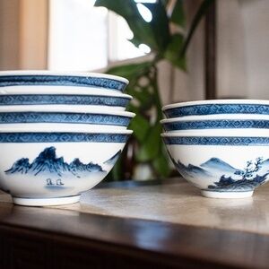Chinese Bowls / Cups 7 Blue and White Hand painted landscape Chinoiserie Vintage